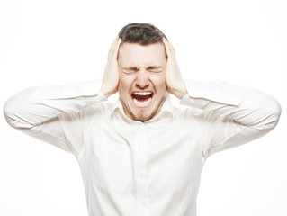 young office worker mad by stress screaming 