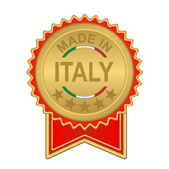 made in italy seal on gold coin and red ribbon with flags