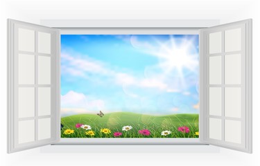 Open window of beautiful summer with flowers 