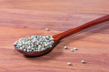 Coriander seeds on a wooden spoon