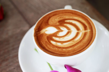 Hot latte coffee in glass