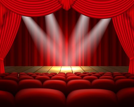Illustration theater stage with a red curtain and a spotlight