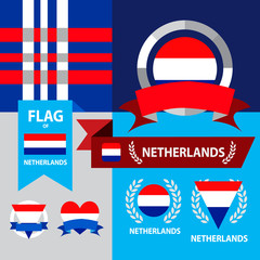 Set of Netherlands flag, emblem and pattern background.
