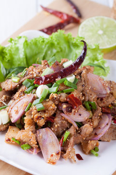 Spicy roasted pork salad , Thai food