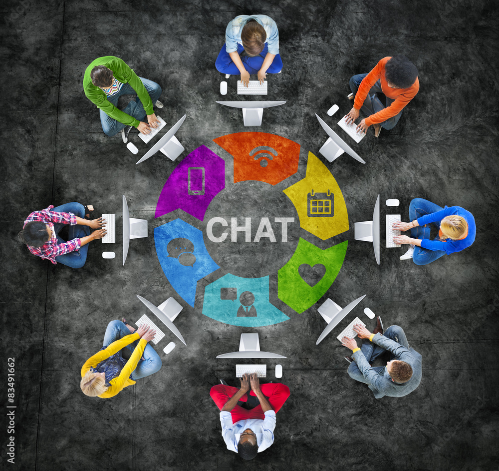 Poster diverse people in a circle using computer with chat concept