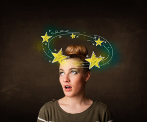 girl with yellow stars circleing around her head illustration