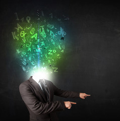 Business man with abstract glowing letters on head