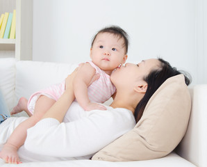 Fototapeta na wymiar Asian mother kiss her baby