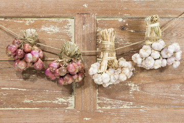 Garlic and baby onion hang on wooden background