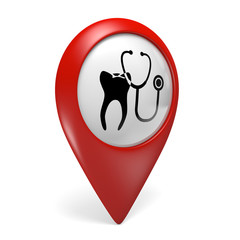3D red map pointer icon with a tooth symbol for dentist clinics
