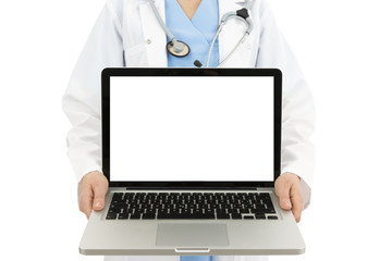 Doctor showing laptop with copy space