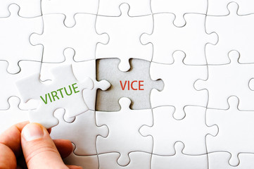 Missing jigsaw puzzle piece with word VIRTUE