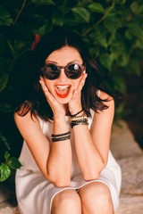 Naklejka premium fashion outdoor photo of beautiful sensual woman with dark hair