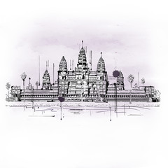 Illustration of Angkor Wat Temple Complex - obrazy, fototapety, plakaty