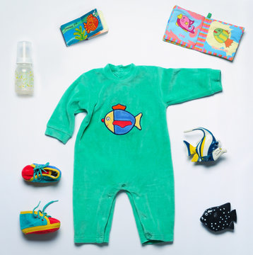 set of fashion trendy stuff and toys for newborn baby in underwa