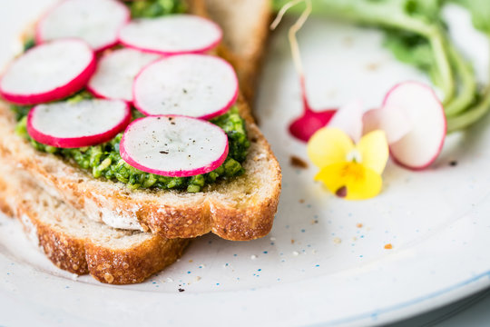 Vegan sandwich with wild garlic pesto and radish 