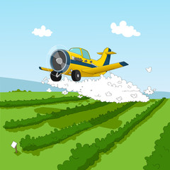  Cartoon aircraft spraying pesticides over the field - 83501659
