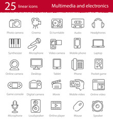 Vector thin line multimedia and electronics icons set