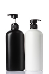 plastic bottles of body care and beauty products