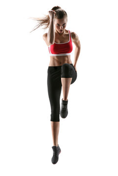 Beautiful blonde woman runner in silhouette isolated on white background. Dynamic movement. Sport and healthy lifestyle 