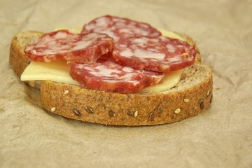 Simply Sandwich With Dried Smoked Sausages Slices And Cheese