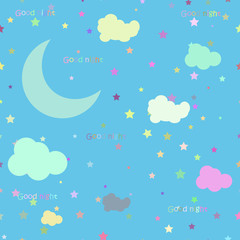 Vector night scene with moon and stars. Seamless pattern