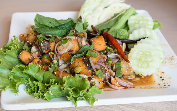 Salmon larb spicy salad thai style