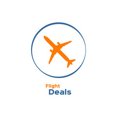 Commercial airplane silhouette logotype,
flight deals sign
