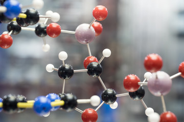 Molecular, DNA and atom model in science research lab