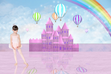 Little balerina in front of a pink fairy castle © Dmitrii Kotin