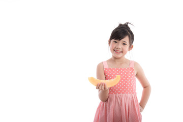 Happy asian girl hand holding melon