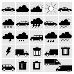 vector black of transport and weather icons set on gray