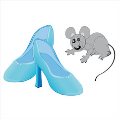 topolino  vicino a scarpe di cristallo, isolato su sfondo bianco