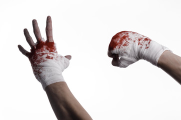 bloody hand in a bandage, bloody bandage, white background © Alex