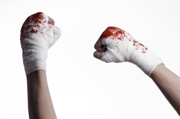 bloody hand in a bandage, bloody bandage, white background © Alex