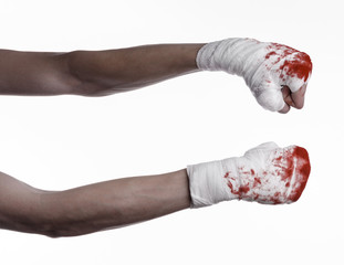 bloody hand in a bandage, bloody bandage, white background
