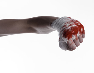bloody hand in a bandage, bloody bandage, white background