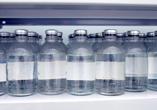 Warehouse bottles of saline solution in the hospital