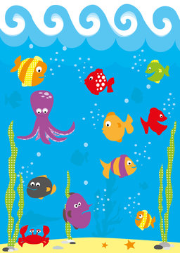 underwate scene with, tropical fish, crab, octopus and bubbles