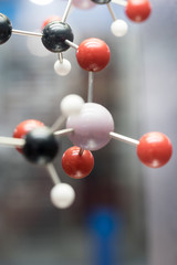 Molecular, DNA and atom model in science research lab