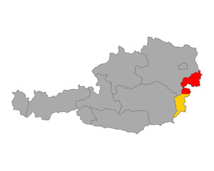 Obraz premium Karte von Österreich mit Fahne des Burgenlands