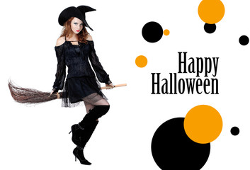 Halloween witch with broom isolated on white