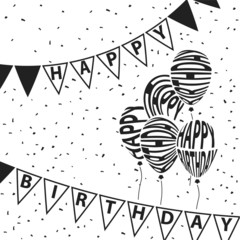 Balloons and triangle flags Happy Birthday text warping