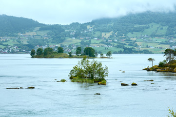 Summer cloudy fjord landscape (Norway).