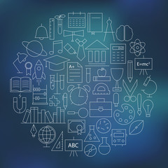 Thin School and Education Line Knowledge Icons Set Circle Shaped