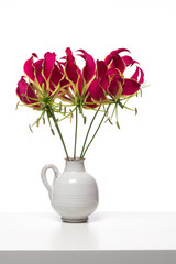 Bouquet of gloriosa glory lilies flowers at a white shelf at a white background