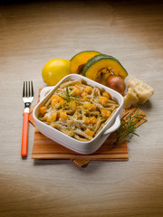 pasta casarecce with pumpkin, lemon peel and parmesan cheese