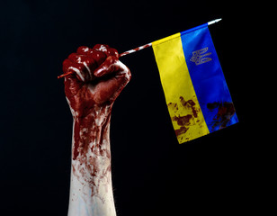 Bloody hands, the flag of Ukraine in the blood, revolution