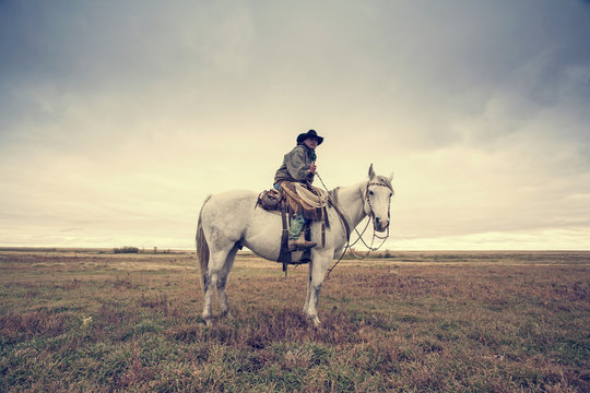 A working cowboy seated on a grey horse. 