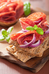 Crisp bread with salami and red onion
